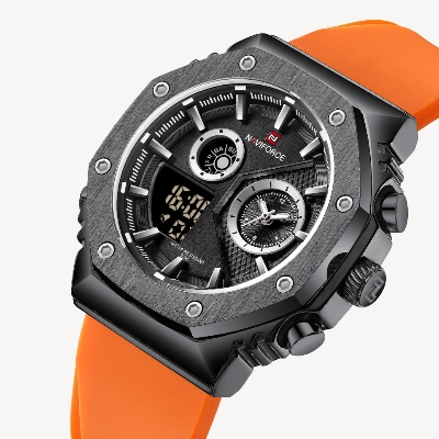 Picture of NAVIFORCE NF9216 Orange TPU Silicone Strap Dual Time Watch For Men - Black & Orange