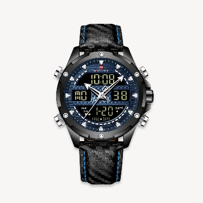 Picture of NAVIFORCE NF9194L Black PU Leather Dual Time Watch For Men - Royal Blue & Black