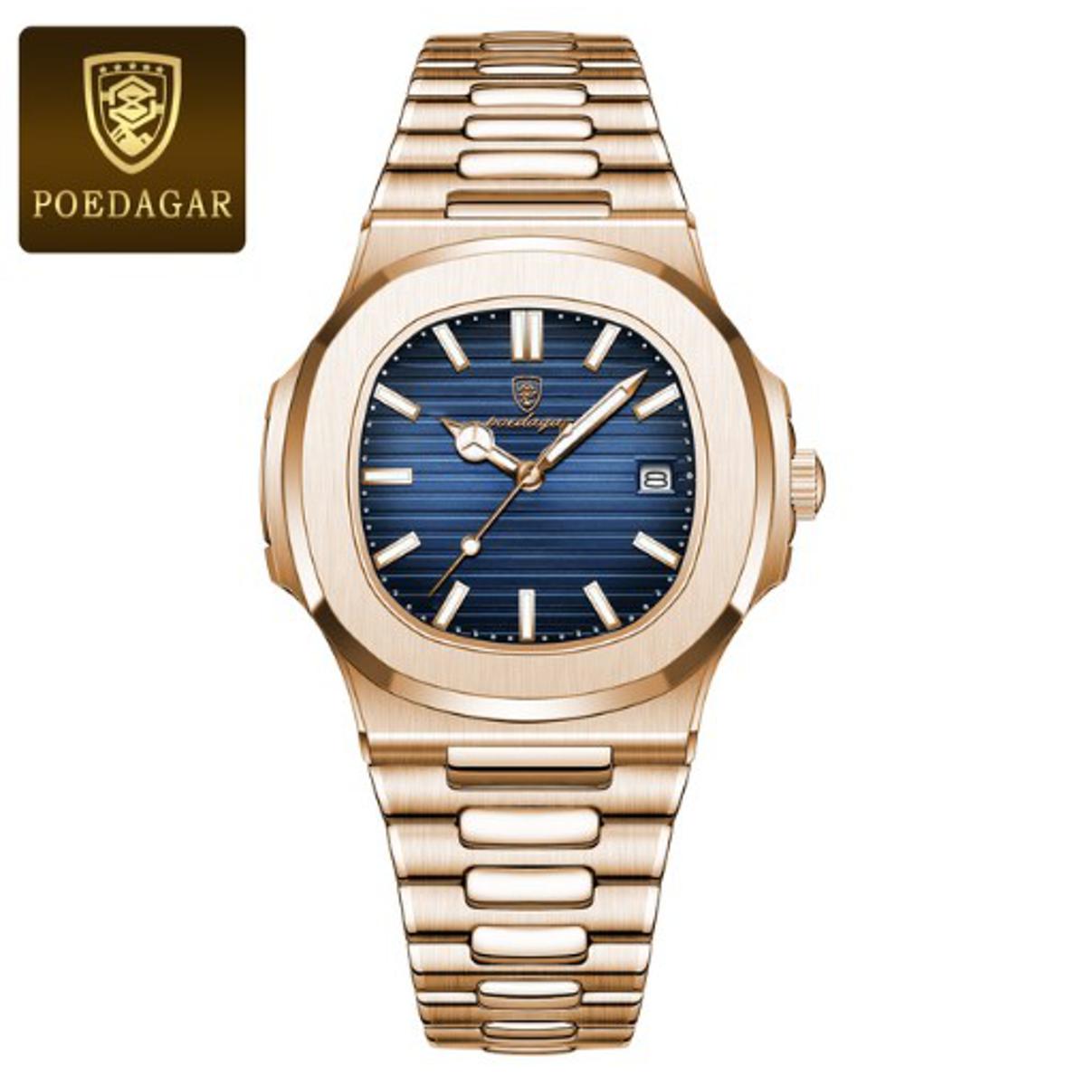 Picture of Poedagar PO613S RoseGold Stainless Steel Analog Wrist Watch For Men - RoyalBlue & RoseGold 