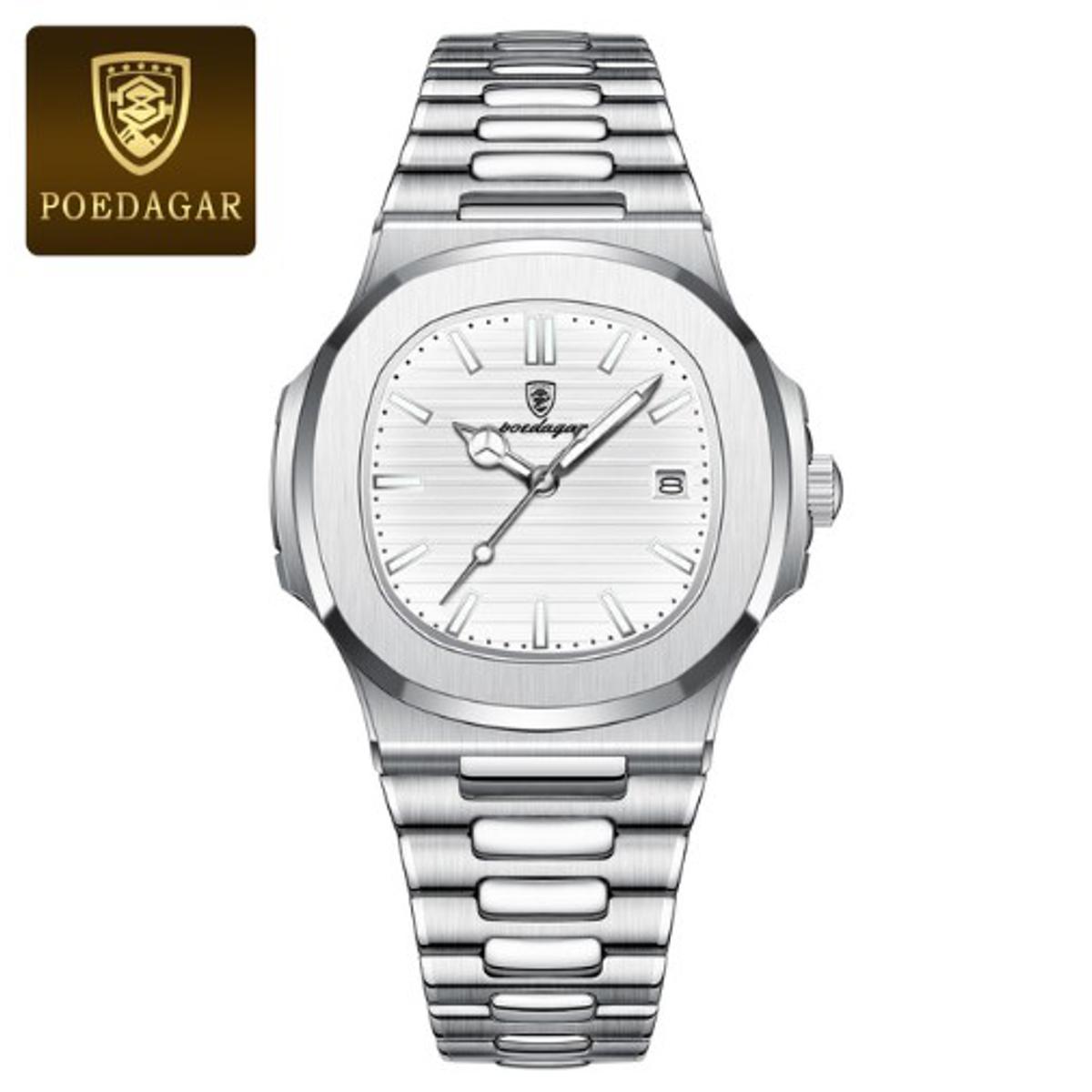 Picture of Poedagar PO613S Silver Stainless Steel Analog Wrist Watch For Men - White & Silver 