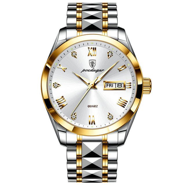 Picture of Poedagar PO614 Silver & Golden Two Tone Stainless Steel Analog Wrist Watch For Men - White & SIlver & Golden 