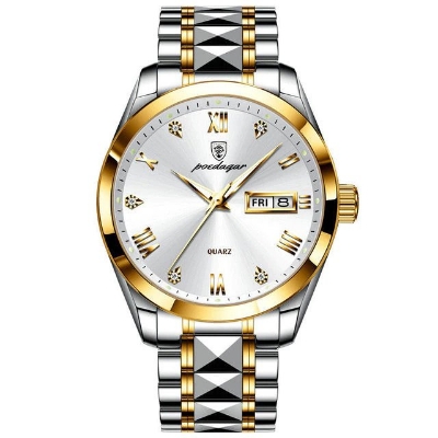 Picture of Poedagar PO614 Silver & Golden Two Tone Stainless Steel Analog Wrist Watch For Men - White & SIlver & Golden 