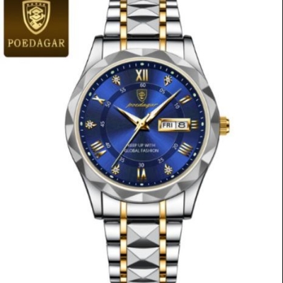 Picture of Poedagar PO615 Silver & Golden Two Tone Stainless Steel Analog Wrist Watch For Men - RoyalBlue & Silver & Golden