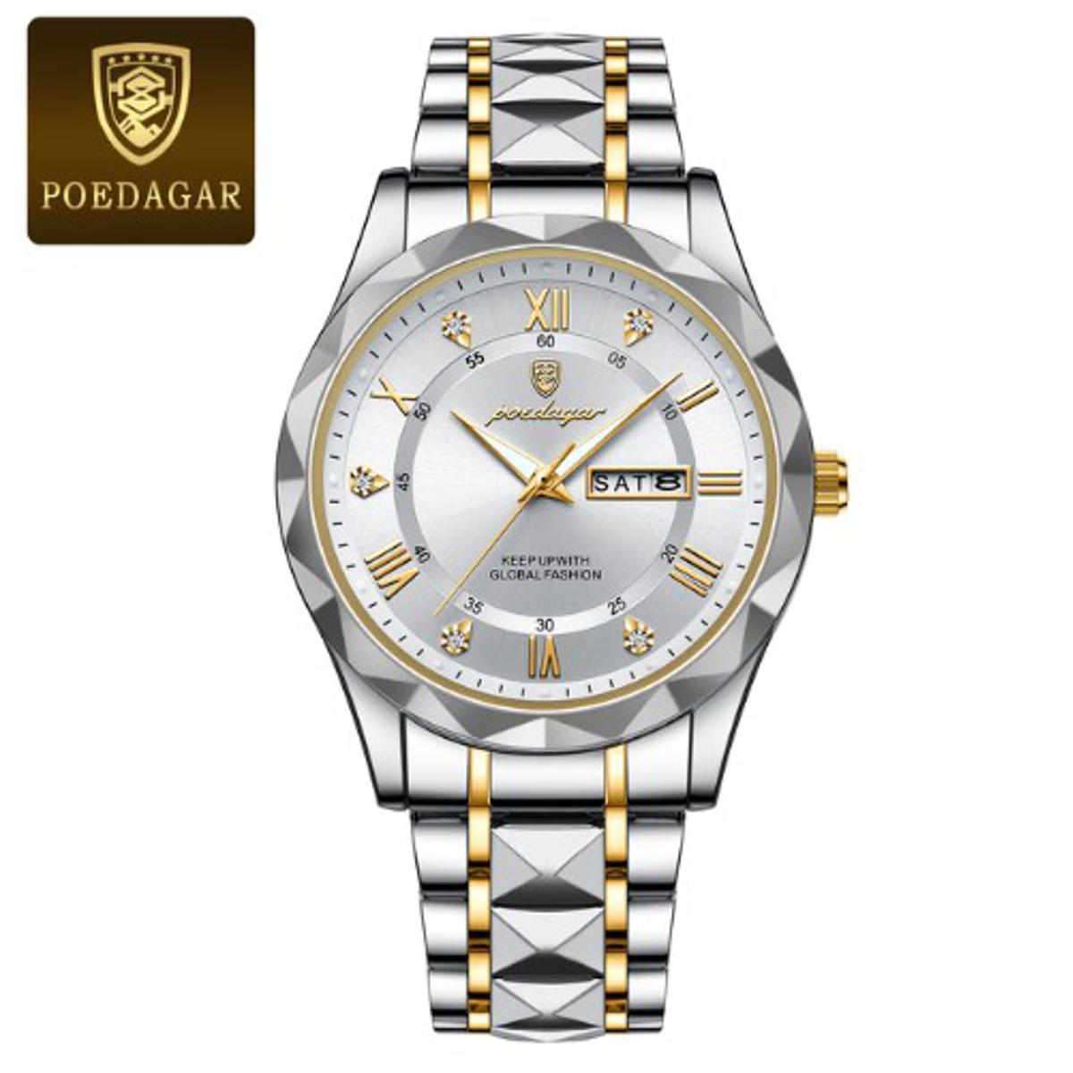 Picture of Poedagar PO615 Silver & Golden Two Tone Stainless Steel Analog Wrist Watch For Men - White & Silver & Golden 