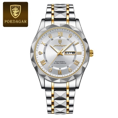 Picture of Poedagar PO615 Silver & Golden Two Tone Stainless Steel Analog Wrist Watch For Men - White & Silver & Golden 