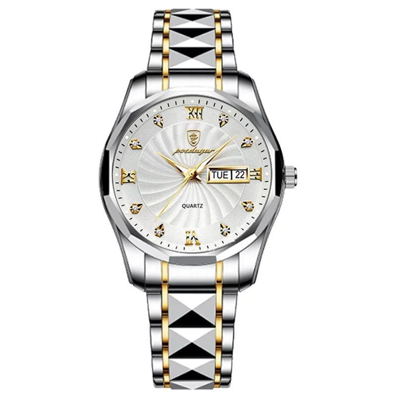 Picture of Poedagar PO818 Silver & Golden Two Tone Stainless Steel Analog Wrist Watch For Men - White & Silver & Golden