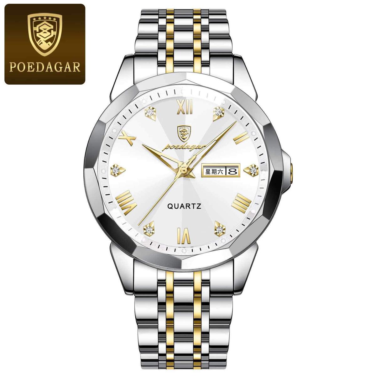 Picture of Poedagar PO810G Silver & Golden Two Tone Stainless Steel Analog Wrist Watch For Men - White & Silver & Golden