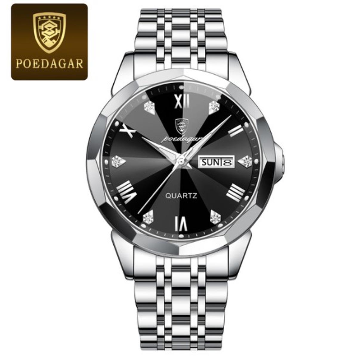 Picture of Poedagar PO810G Silver Stainless Steel Analog Wrist Watch For Men - Black & Silver 