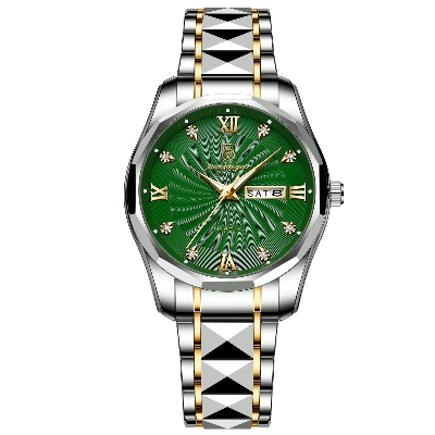 Picture of Poedagar PO818 Silver & Golden Two Tone Stainless Steel Analog Wrist Watch For Men - Green & Silver & Golden