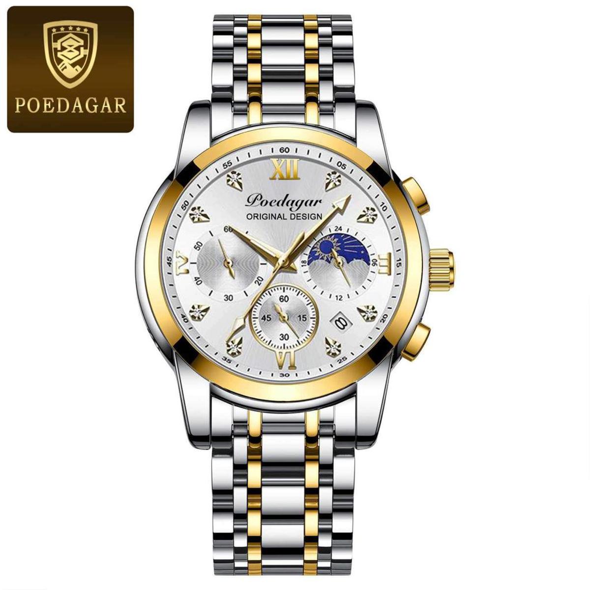 Picture of Poedagar PO805S Silver & Golden Two Tone Stainless Steel Chronograph Wrist Watch For Men - White & Silver & Golden