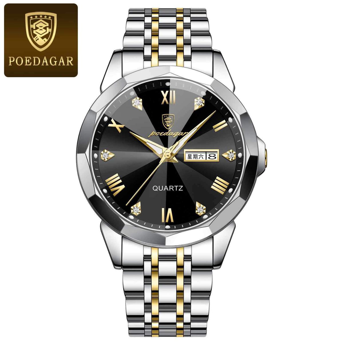 Picture of Poedagar PO810G Silver & Golden Two Tone Stainless Steel Analog Wrist Watch For Men - Black & Silver & Golden