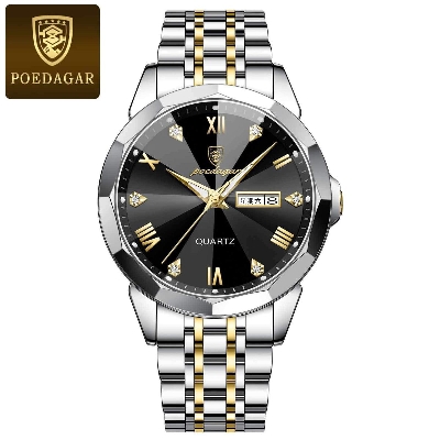 Picture of Poedagar PO810G Silver & Golden Two Tone Stainless Steel Analog Wrist Watch For Men - Black & Silver & Golden