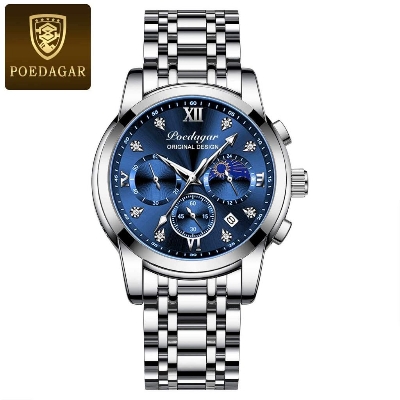 Picture of Poedagar PO805S Silver Stainless Steel Chronograph Wrist Watch For Men - RoyalBlue & Silver 