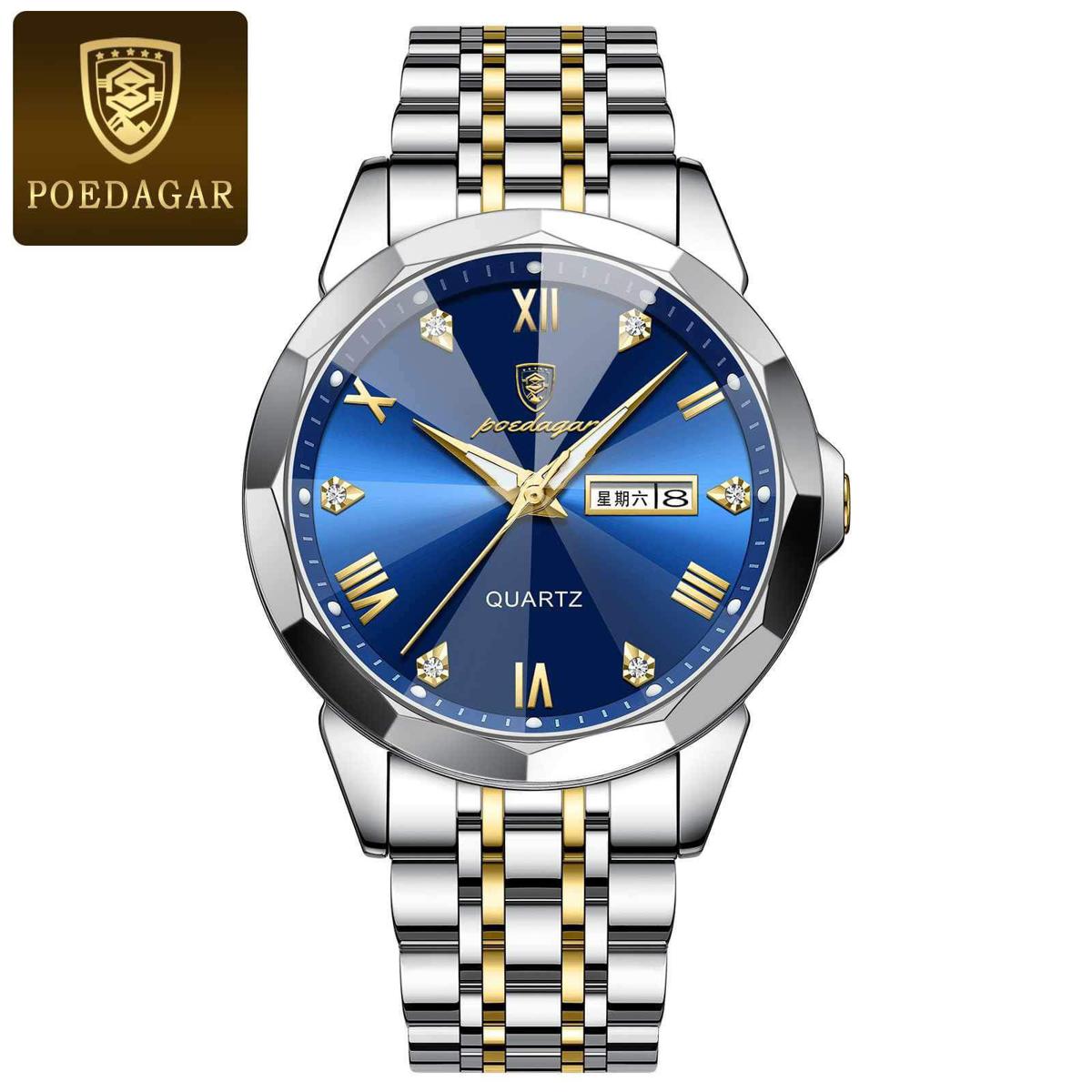 Picture of Poedagar PO810G Silver & Golden Two Tone Stainless Steel Analog Wrist Watch For Men - RoyalBlue & Silver & Golden 