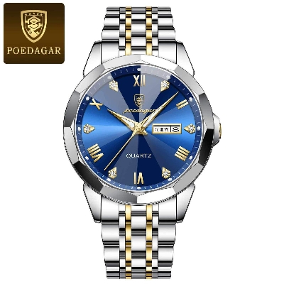 Picture of Poedagar PO810G Silver & Golden Two Tone Stainless Steel Analog Wrist Watch For Men - RoyalBlue & Silver & Golden 