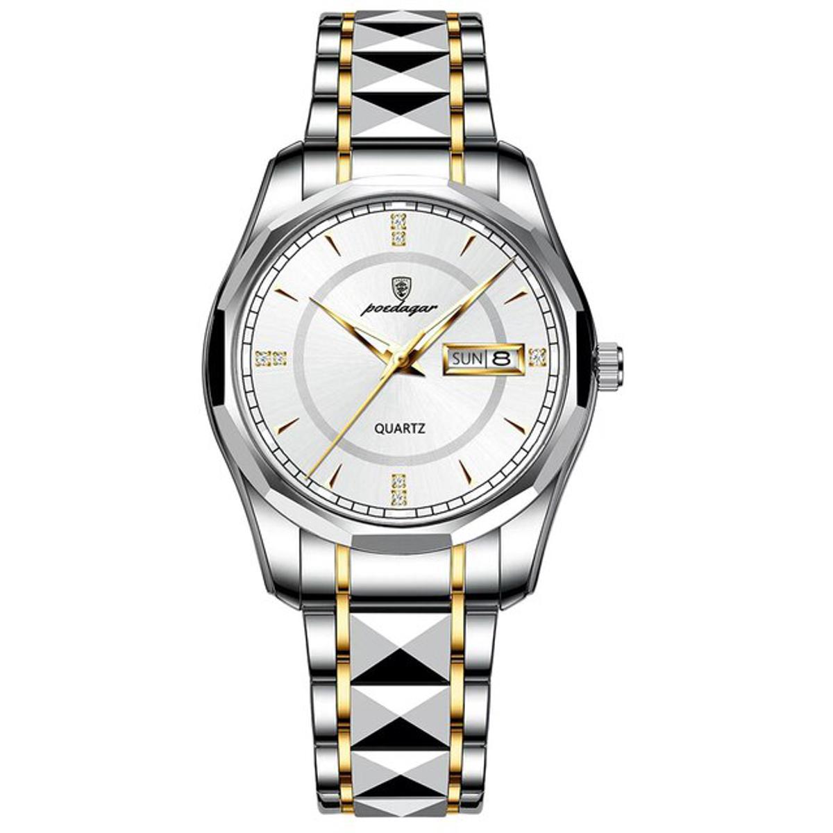 Picture of Poedagar PO980 Silver & Golden Two Tone Stainless Steel Analog Wrist Watch For Men - White & Silver & Golden