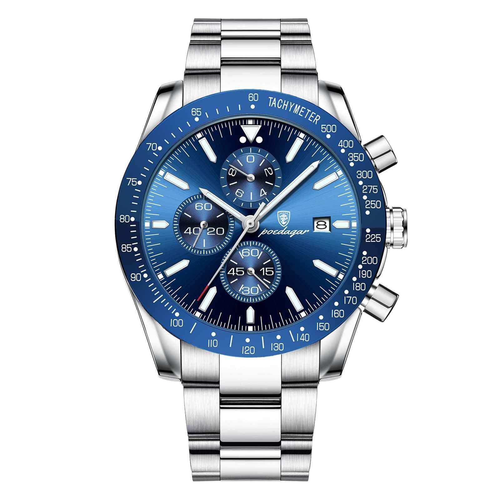 Picture of Poedagar PO988S Silver Stainless Steel Chronograph Wrist Watch For Men - RoyalBlue & Silver