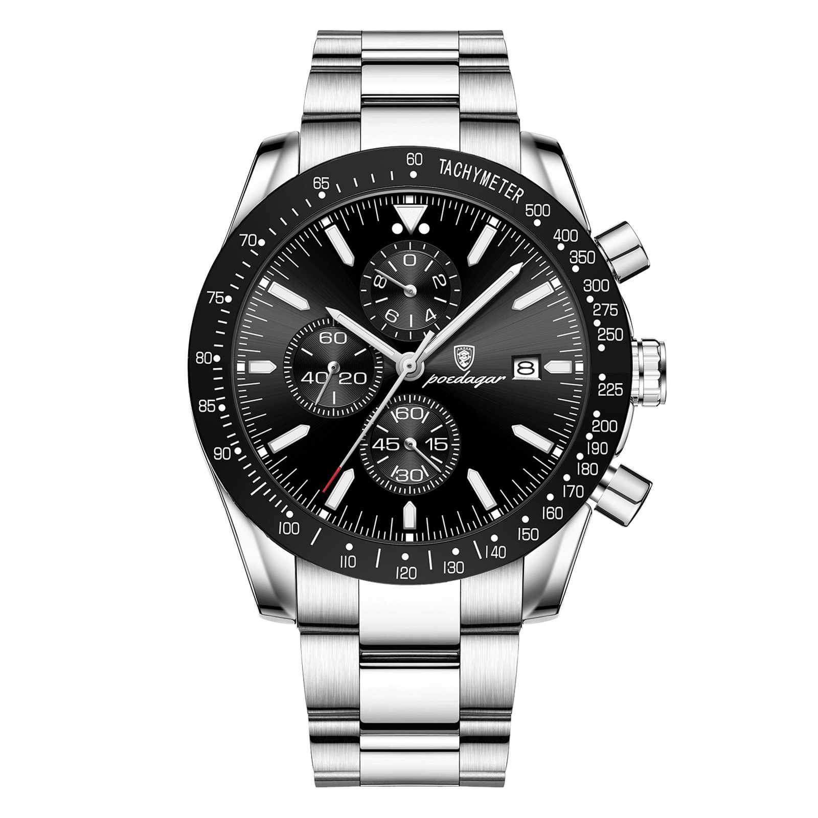 Picture of Poedagar PO988S Silver Stainless Steel Chronograph Wrist Watch For Men - Black & Silver