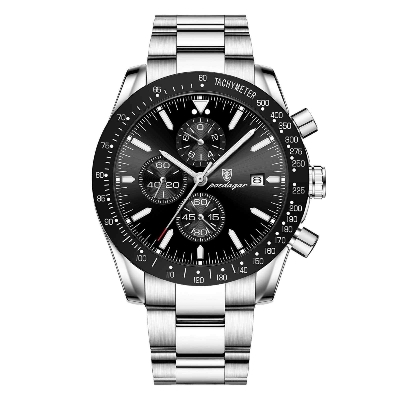 Picture of Poedagar PO988S Silver Stainless Steel Chronograph Wrist Watch For Men - Black & Silver