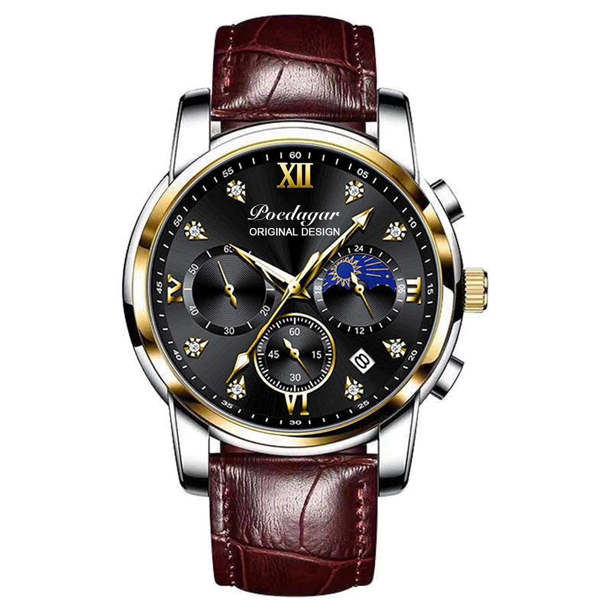 Picture of Poedagar PO805L Brown PU Leather Chronograph Wrist Watch For Men - Black & Brown