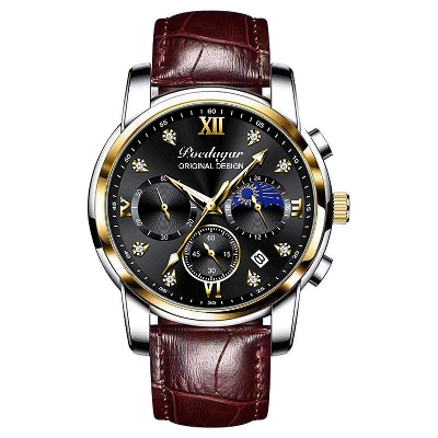 Picture of Poedagar PO805L Brown PU Leather Chronograph Wrist Watch For Men - Black & Brown