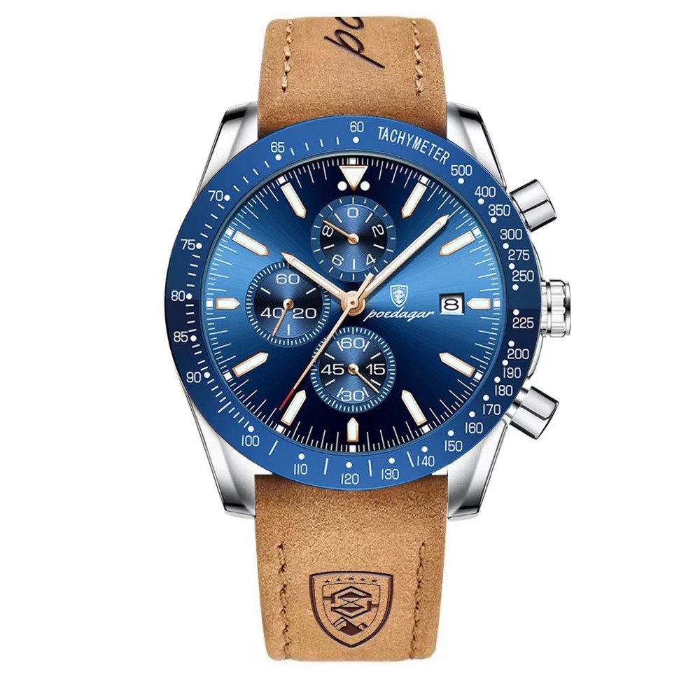 Picture of Poedagar PO988L Brown PU Leather Chronograph Wrist Watch For Men - RoyalBlue & Brown