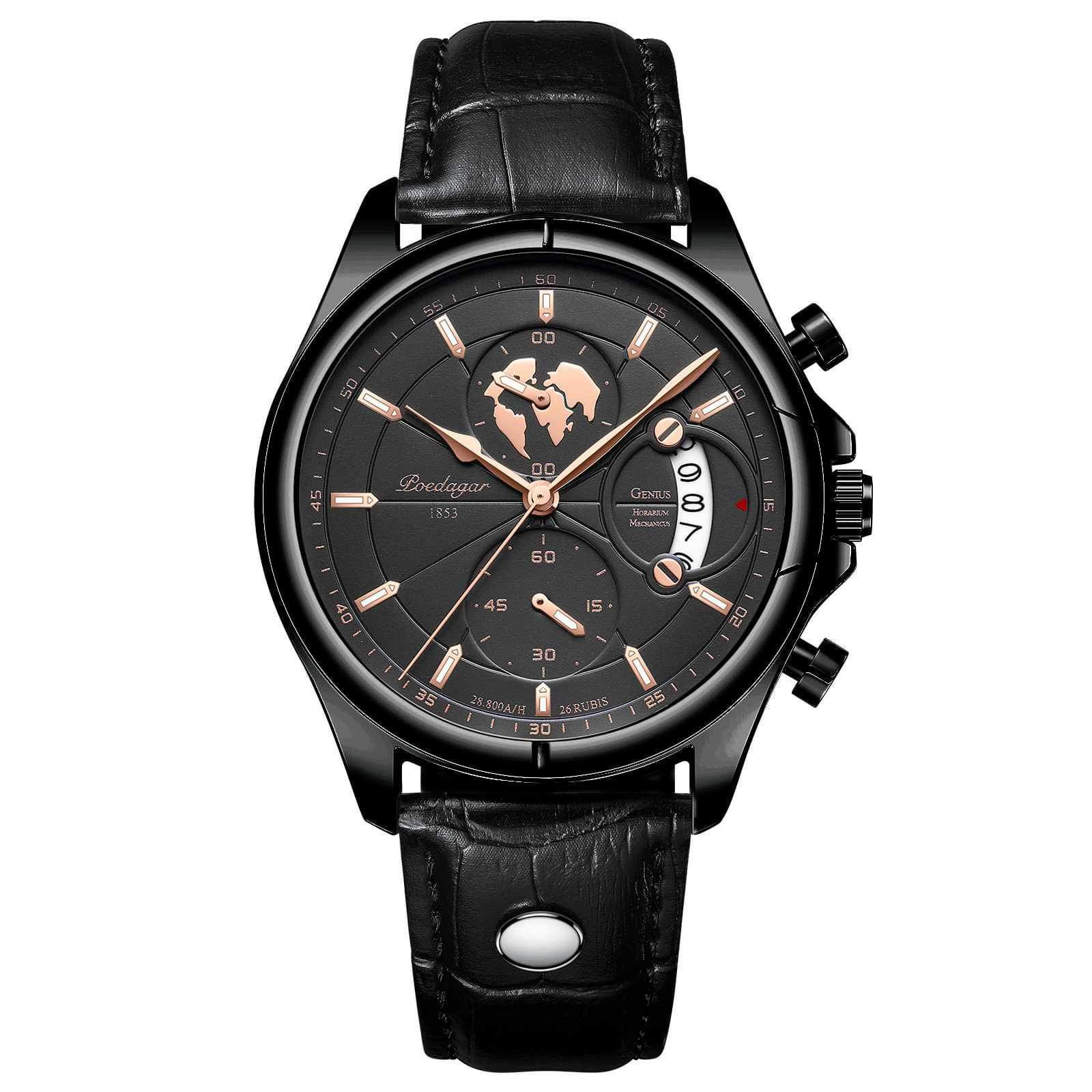 Picture of Poedagar PO802L Black PU Leather Chronograph Wrist Watch For Men - Black