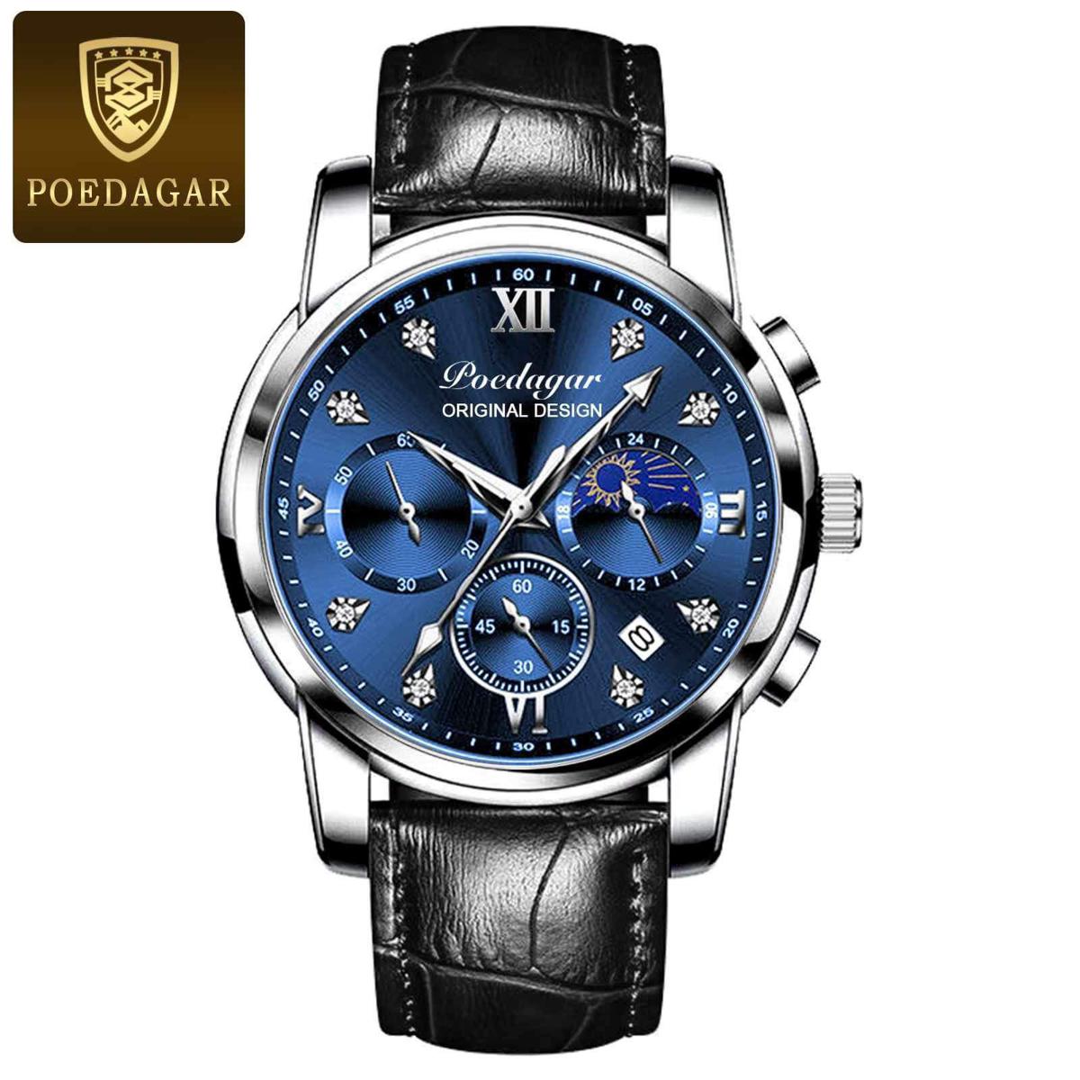 Picture of Poedagar PO805L Black PU Leather Chronograph Wrist Watch For Men - RoyalBlue & Black