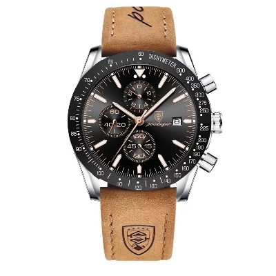 Picture of Poedagar PO988L Brown PU Leather Chronograph Wrist Watch For Men - Silver & Brown