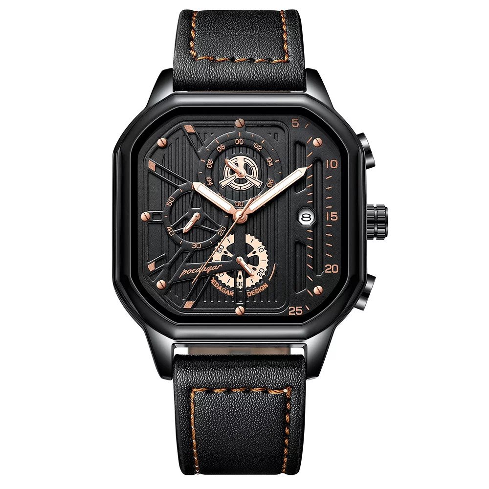 Picture of Poedagar PO628L Black PU Leather Chronograph Wrist Watch For Men - Golden & Black