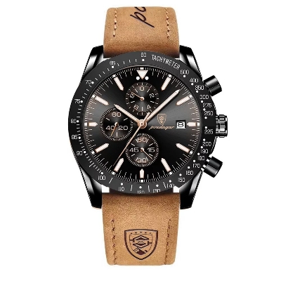 Picture of Poedagar PO988L Brown PU Leather Chronograph Wrist Watch For Men - Black & Brown
