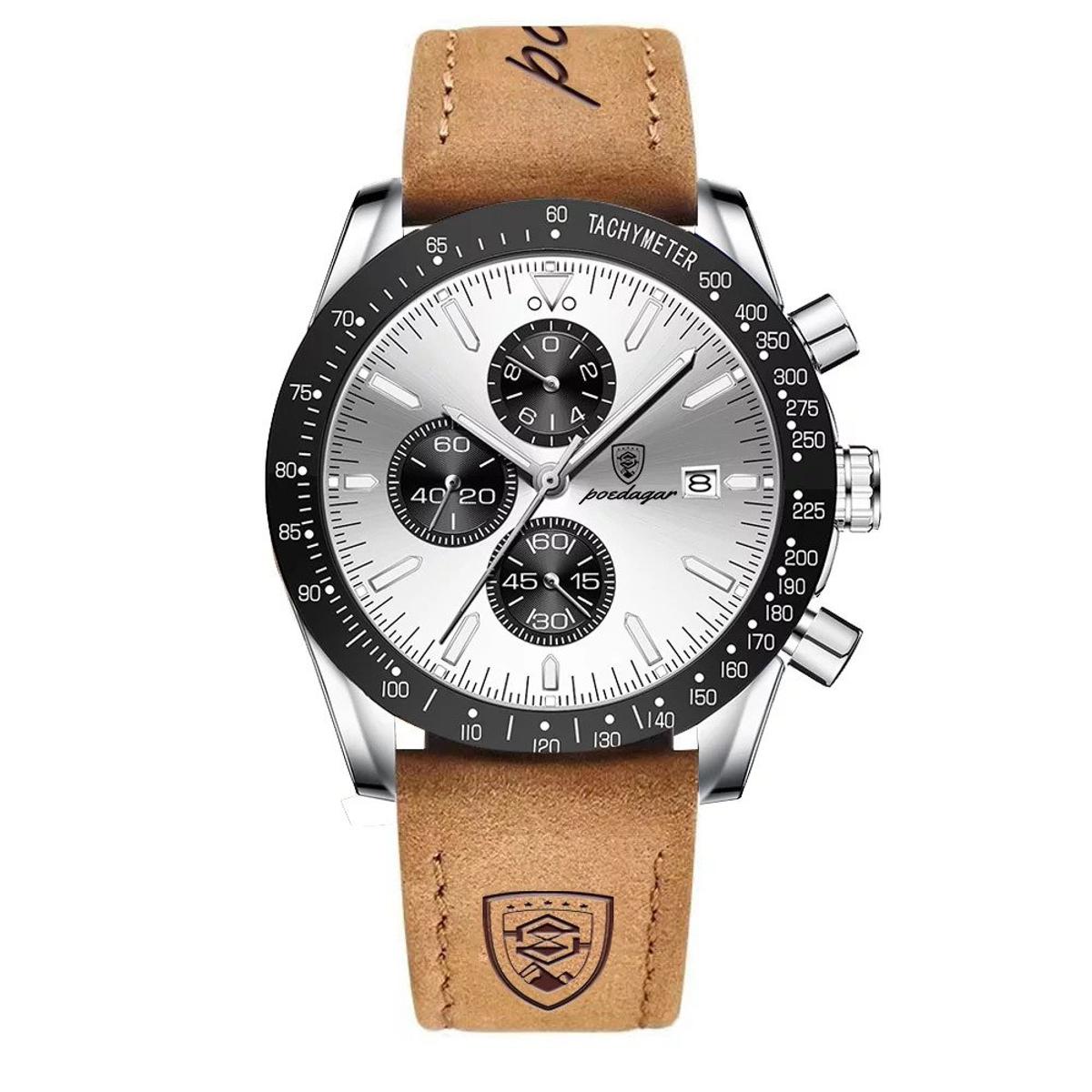 Picture of Poedagar PO988L Brown PU Leather Chronograph Wrist Watch For Men - White & Brown