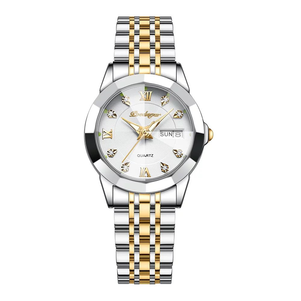 Picture of Poedagar PO3076 Silver & Golden Two Tone Stainless Steel Analog Wrist Watch For Women - White & Silver & Golden 
