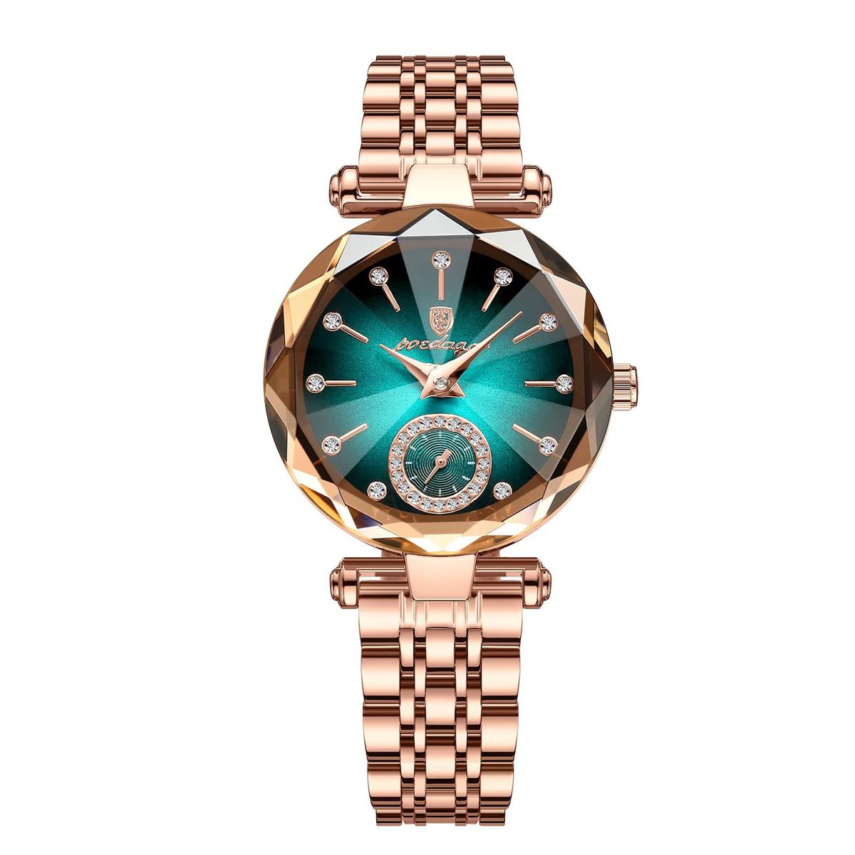 Picture of Poedagar PO719 RoseGold Stainless Steel Analog Wrist Watch For Women - Green & RoseGold 