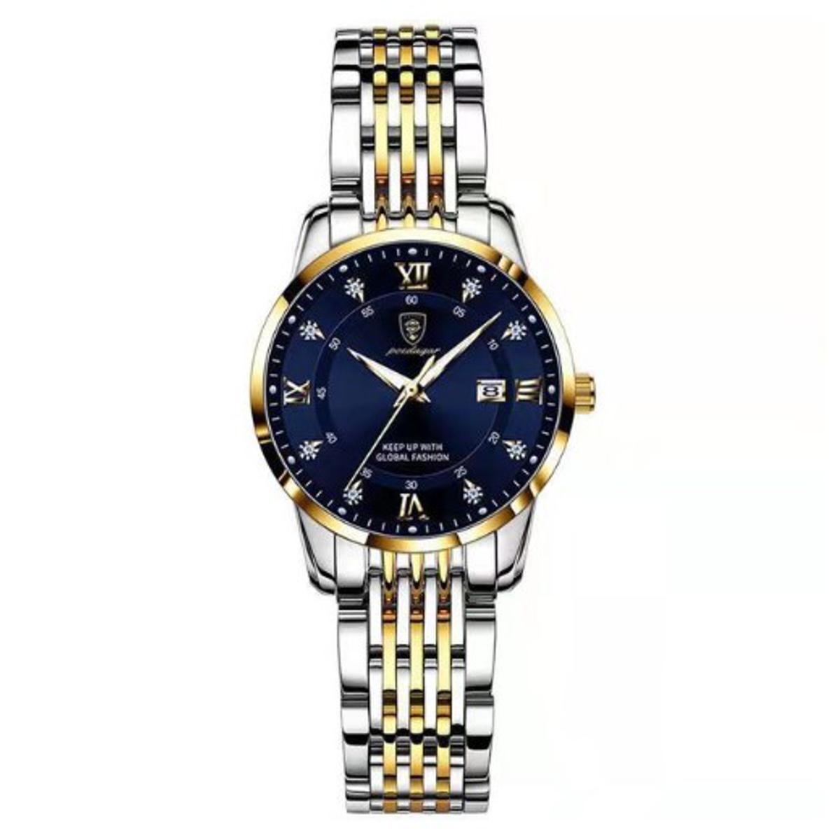 Picture of Poedagar PO836L Silver & Golden Two Tone Stainless Steel Analog Wrist Watch For Women - RoyalBlue & Silver & Golden 