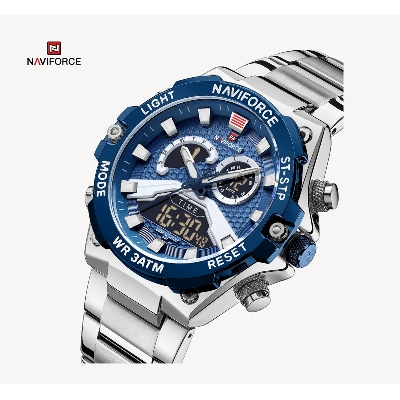 Picture of NAVIFORCE NF9207 Golden Stainless Steel Dual Time Watch For Men - Royal Blue & Silver