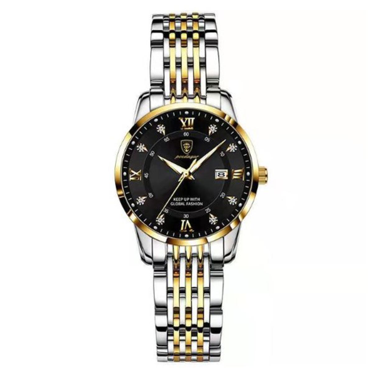 Picture of Poedagar PO836L Silver & Golden Two Tone Stainless Steel Analog Wrist Watch For Women - Black & Silver & Golden 