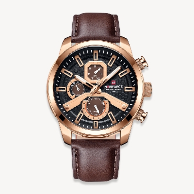 Picture of NAVIFORCE NF9211L Chocolate PU Leather Chronograph Watch For Men - RoseGold & Chocolate