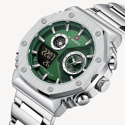 Picture of NAVIFORCE NF9216 Silver Stainless Steel Dual Time Watch For Men - Green & Silver