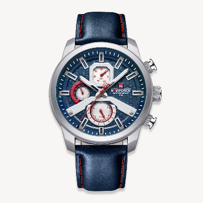 Picture of NAVIFORCE NF9211 Navy Blue PU Leather Chronograph Watch For Men - Silver & Navy Blue