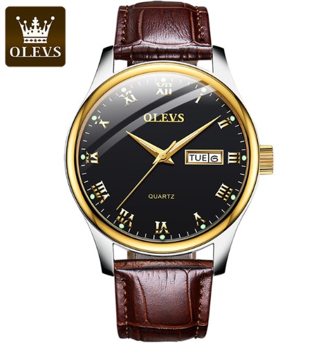 Picture of OLEVS 5568 Brown PU Leather Analog Wrist Watch For Men - Black & Brown