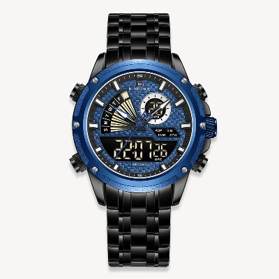 Picture of NAVIFORCE NF9205 Black Stainless Steel Dual Time Watch For Men - Royal Blue & Black