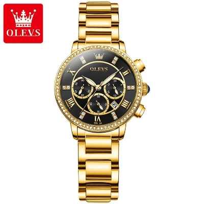 Picture of Olevs 9976 Golden Stainless Steel Chronograph Wrist Watch For Women