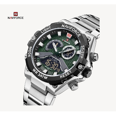 Picture of NAVIFORCE NF9207 Golden Stainless Steel Dual Time Watch For Men - Green & Silver