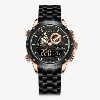 Picture of NAVIFORCE NF9205 Black Stainless Steel Dual Time Watch For Men - RoseGold & Black