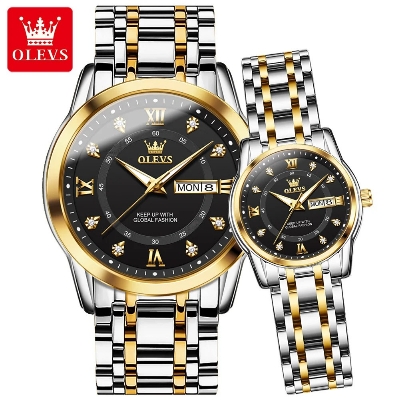 Picture of OLEVS 5513C Silver & Golden Two-tone Stainless Steel Analog Wrist Watch For Couple - Black & Silver & Golden