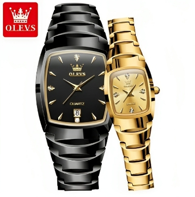 Picture of OLEVS 7006C Golden & RoseGold Tungsten Steel Analog Wrist Watch For Couple - Black & Golden