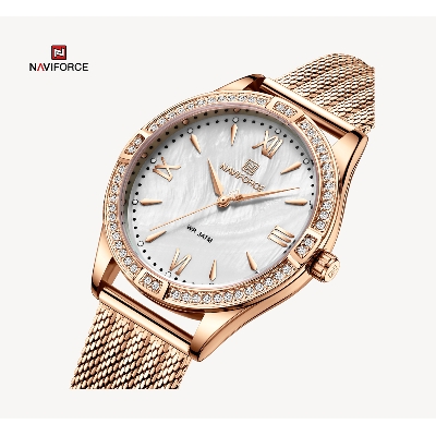 Picture of NAVIFORCE NF5028 RoseGold Mesh Stainless Steel Analog Watch For Women - White & RoseGold