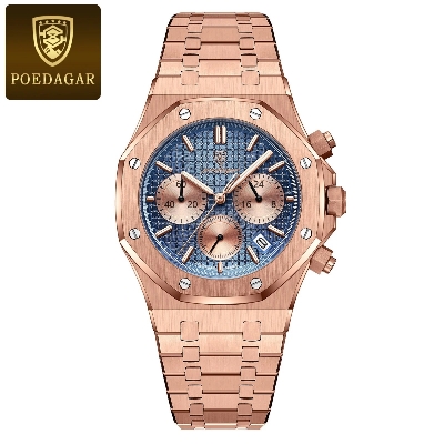 Picture of Poedagar PO926S RoseGold Stainless Steel Chronograph Wrist Watch For Men - RoyalBlue & RoseGold 