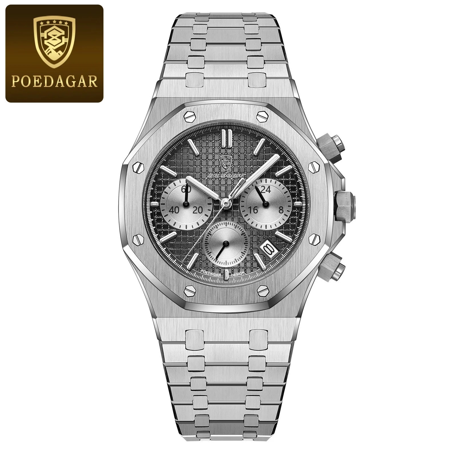 Picture of Poedagar PO926S Silver Stainless Steel Chronograph Wrist Watch For Men - Black & Silver 